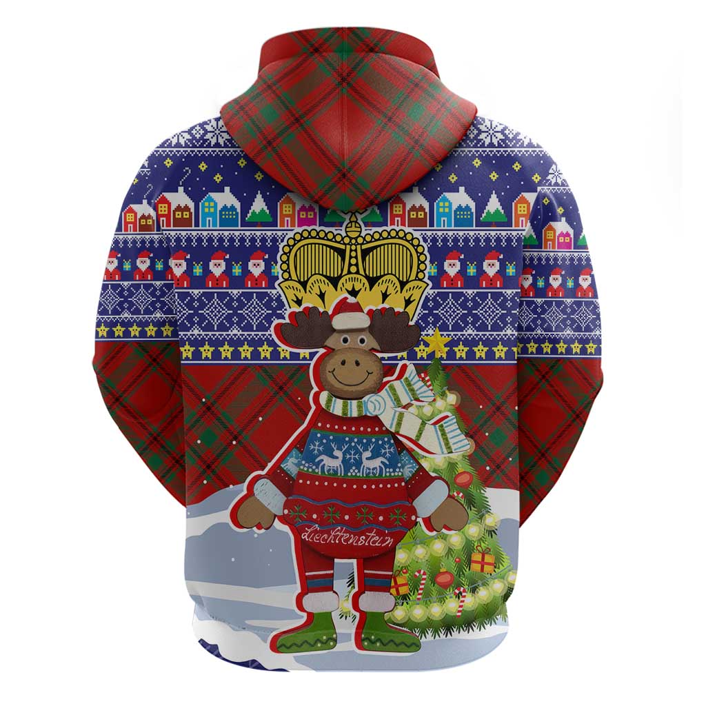 Liechtenstein Christmas Hoodie with Reindeer Character Holiday Village and Plaid Sleeves - Wonder Print Shop