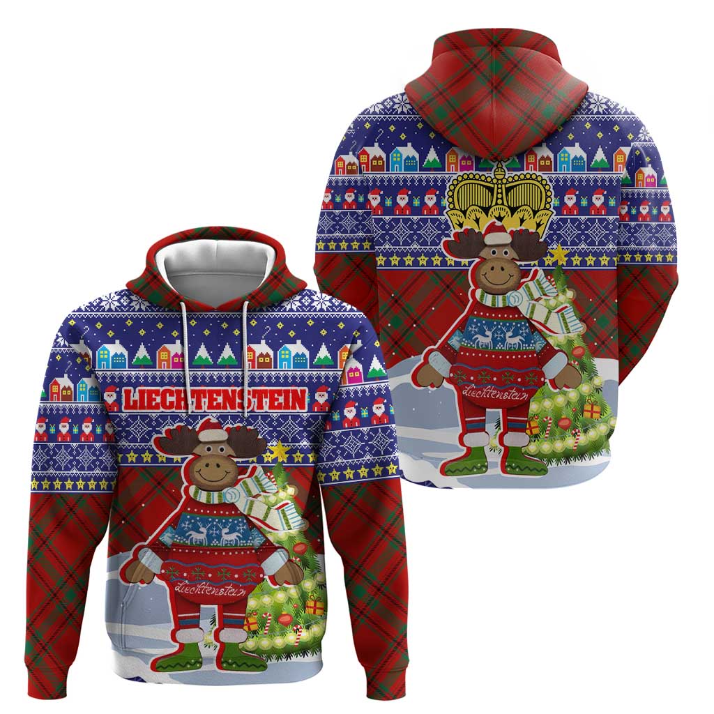 Liechtenstein Christmas Hoodie with Reindeer Character Holiday Village and Plaid Sleeves - Wonder Print Shop