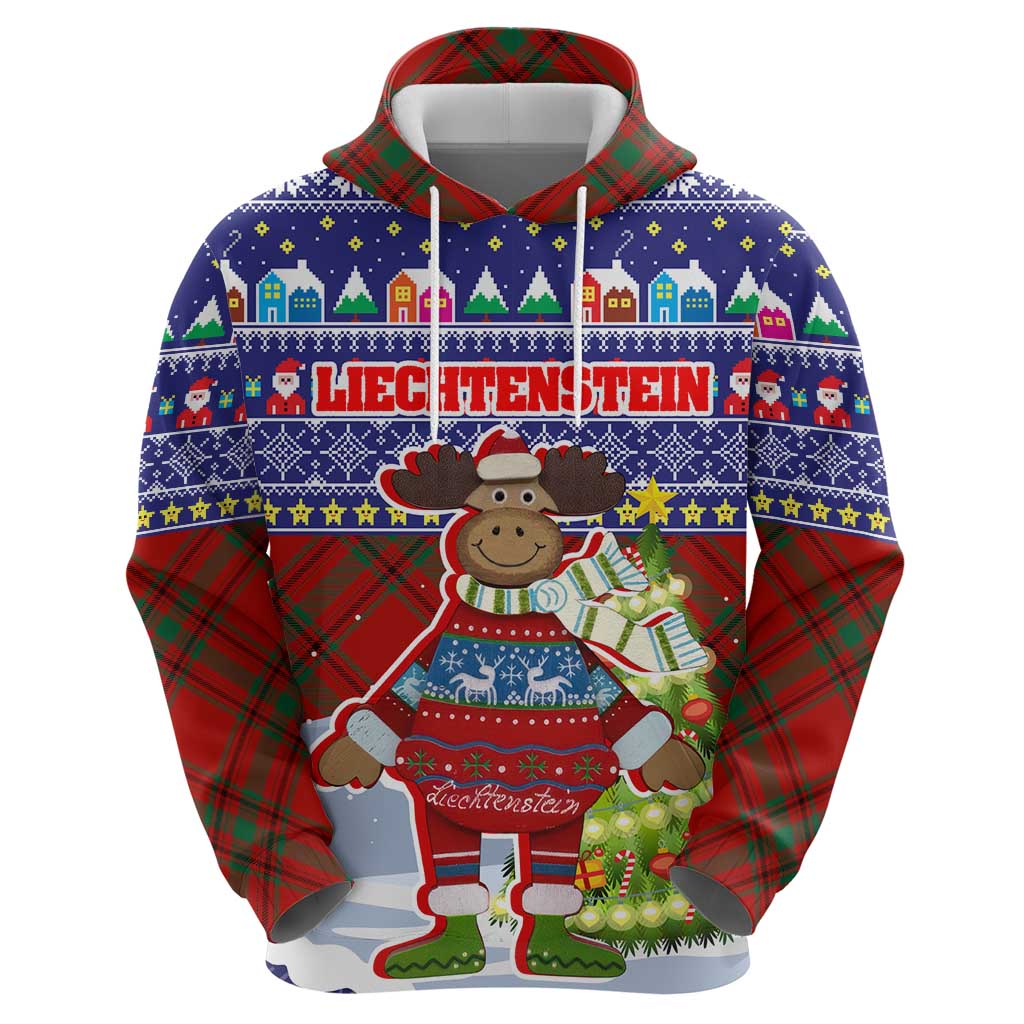 Liechtenstein Christmas Hoodie with Reindeer Character Holiday Village and Plaid Sleeves - Wonder Print Shop