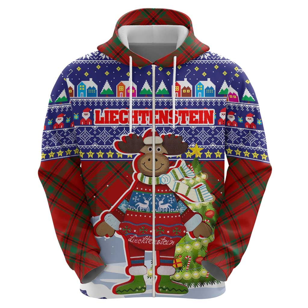 Liechtenstein Christmas Hoodie with Reindeer Character Holiday Village and Plaid Sleeves - Wonder Print Shop