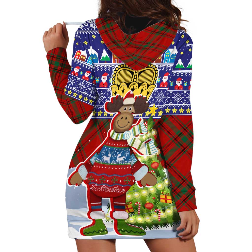 Liechtenstein Christmas Hoodie Dress with Reindeer Character Holiday Village and Plaid Sleeves - Wonder Print Shop