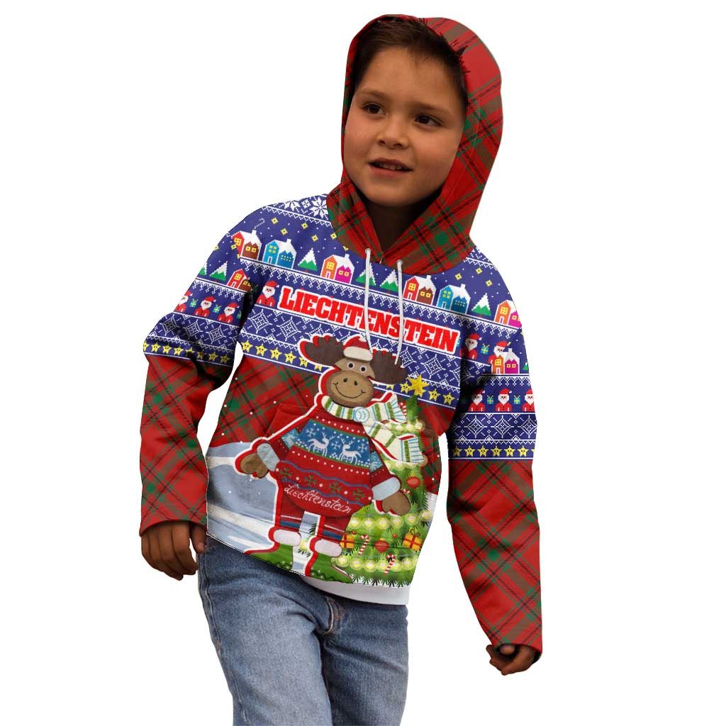 Liechtenstein Christmas Kid Hoodie with Reindeer Character Holiday Village and Plaid Sleeves - Wonder Print Shop