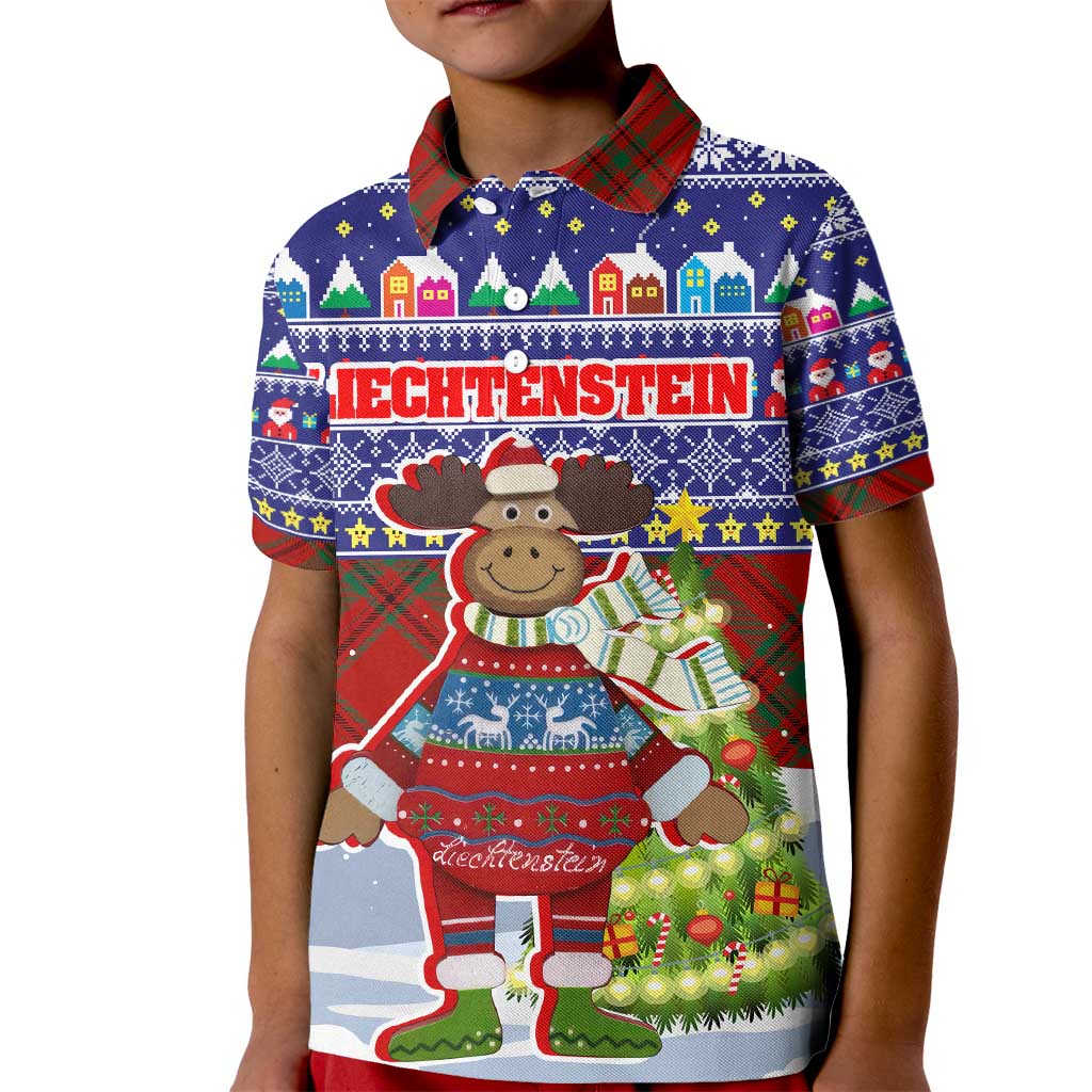 Liechtenstein Christmas Kid Polo Shirt with Reindeer Character Holiday Village and Plaid Sleeves - Wonder Print Shop