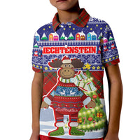 Liechtenstein Christmas Kid Polo Shirt with Reindeer Character Holiday Village and Plaid Sleeves - Wonder Print Shop