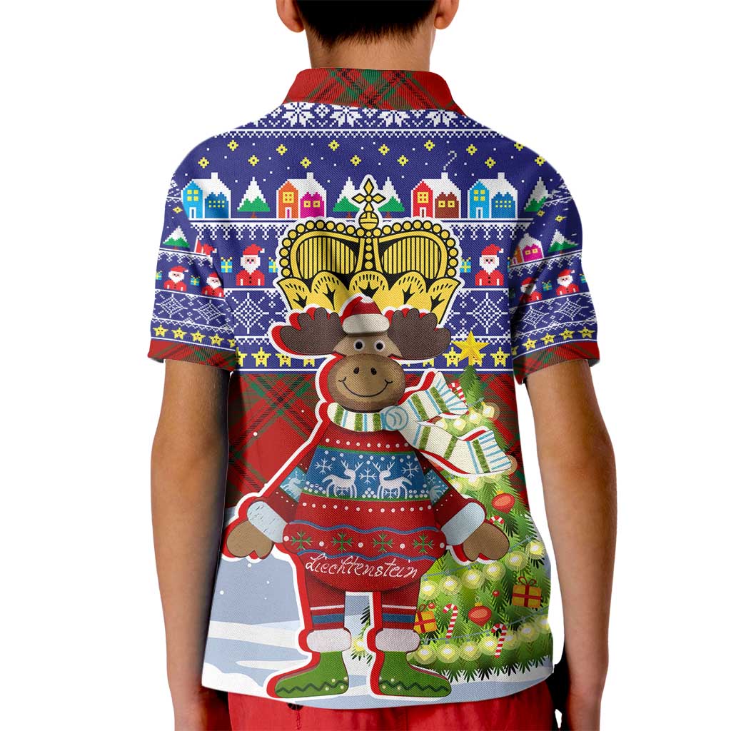 Liechtenstein Christmas Kid Polo Shirt with Reindeer Character Holiday Village and Plaid Sleeves - Wonder Print Shop