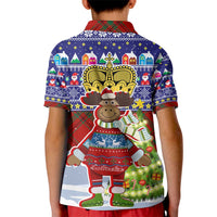 Liechtenstein Christmas Kid Polo Shirt with Reindeer Character Holiday Village and Plaid Sleeves - Wonder Print Shop