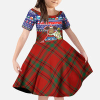 Liechtenstein Christmas Kid Short Sleeve Dress with Reindeer Character Holiday Village and Plaid Sleeves - Wonder Print Shop