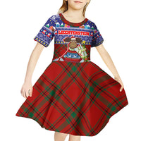 Liechtenstein Christmas Kid Short Sleeve Dress with Reindeer Character Holiday Village and Plaid Sleeves - Wonder Print Shop
