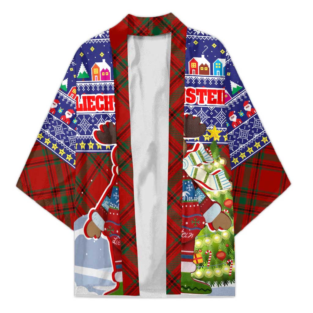 Liechtenstein Christmas Kimono with Reindeer Character Holiday Village and Plaid Sleeves - Wonder Print Shop