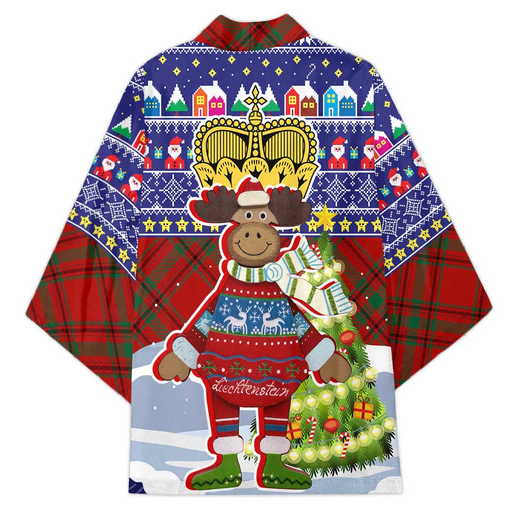 Liechtenstein Christmas Kimono with Reindeer Character Holiday Village and Plaid Sleeves - Wonder Print Shop