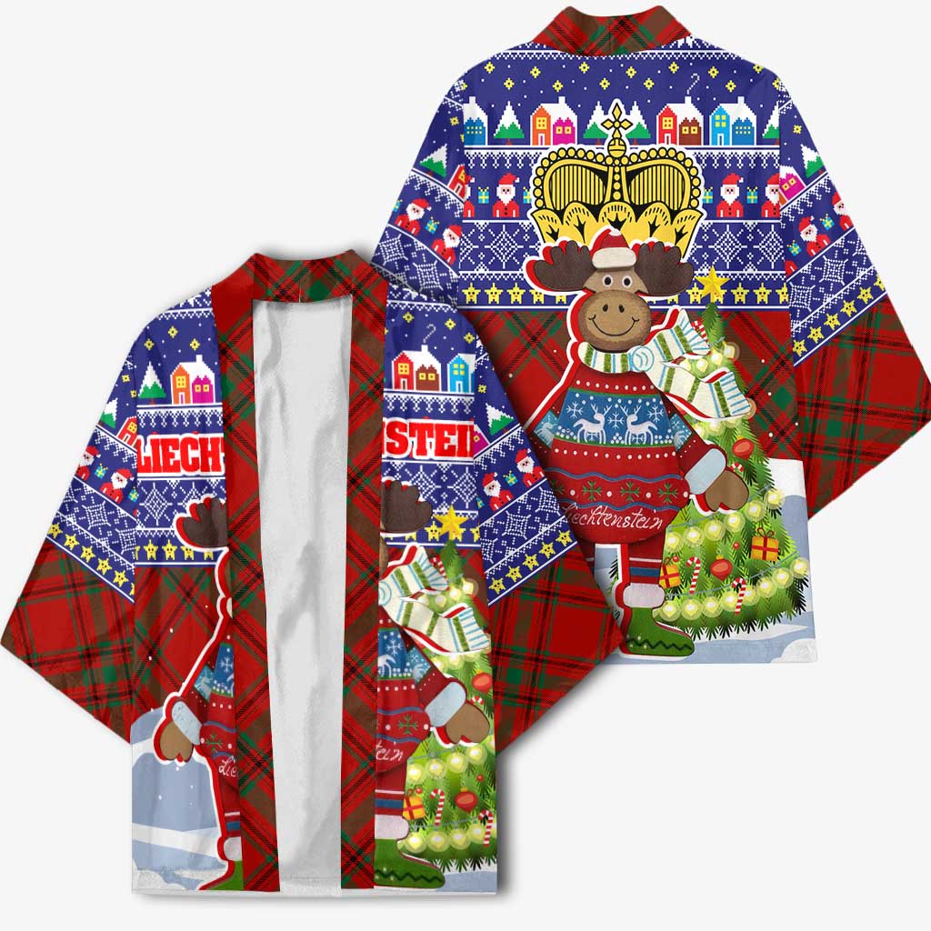 Liechtenstein Christmas Kimono with Reindeer Character Holiday Village and Plaid Sleeves - Wonder Print Shop