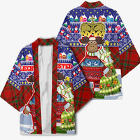 Liechtenstein Christmas Kimono with Reindeer Character Holiday Village and Plaid Sleeves - Wonder Print Shop