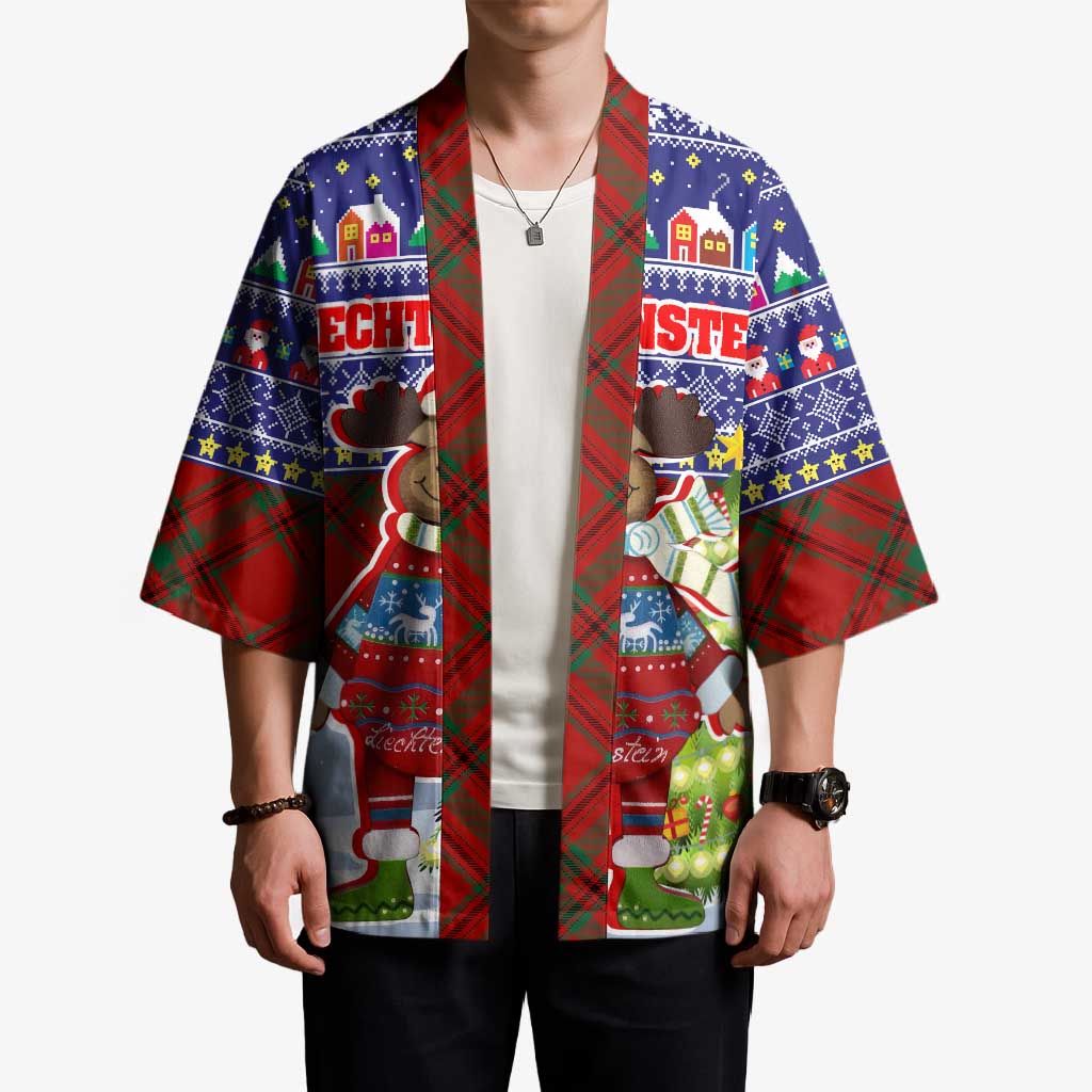 Liechtenstein Christmas Kimono with Reindeer Character Holiday Village and Plaid Sleeves - Wonder Print Shop