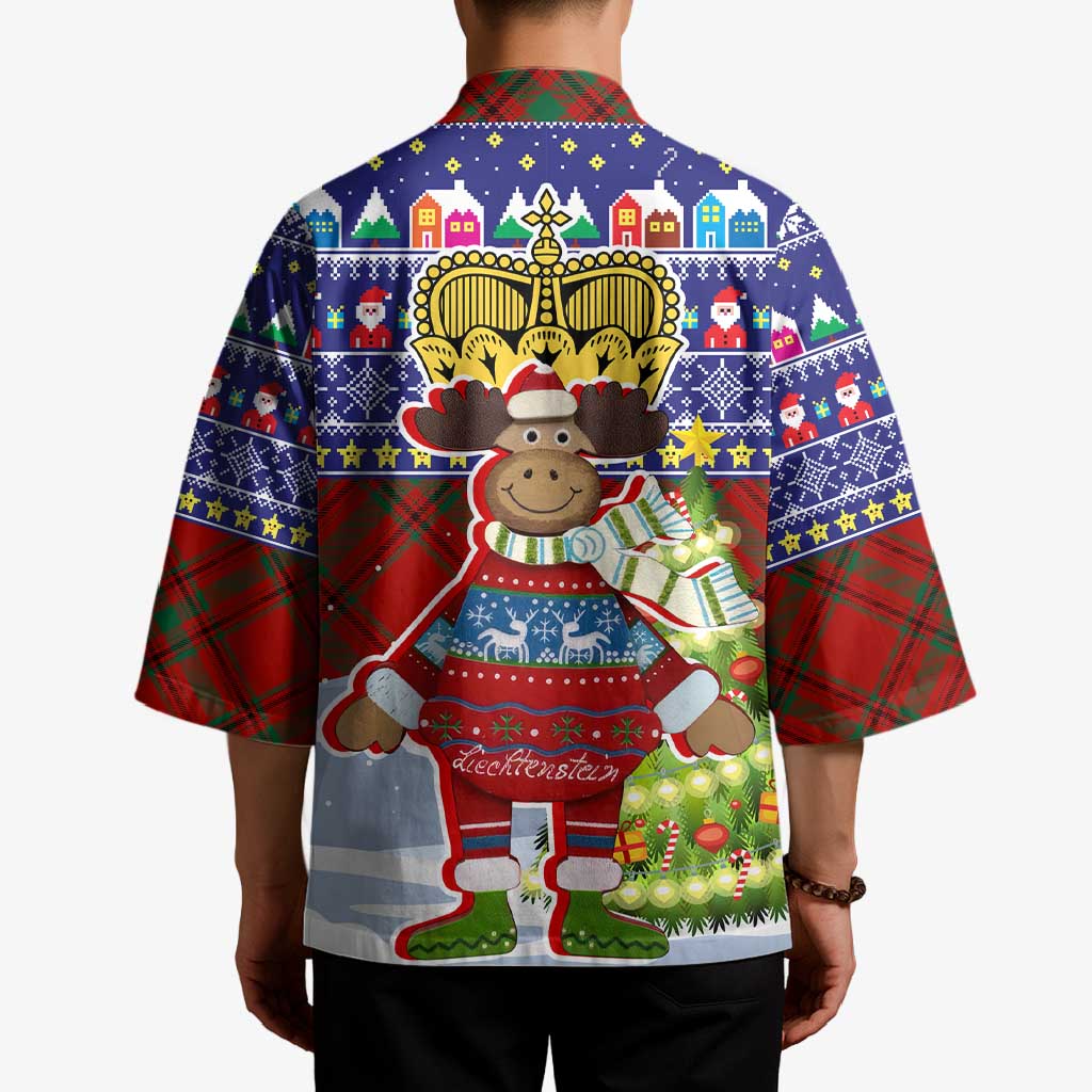 Liechtenstein Christmas Kimono with Reindeer Character Holiday Village and Plaid Sleeves - Wonder Print Shop