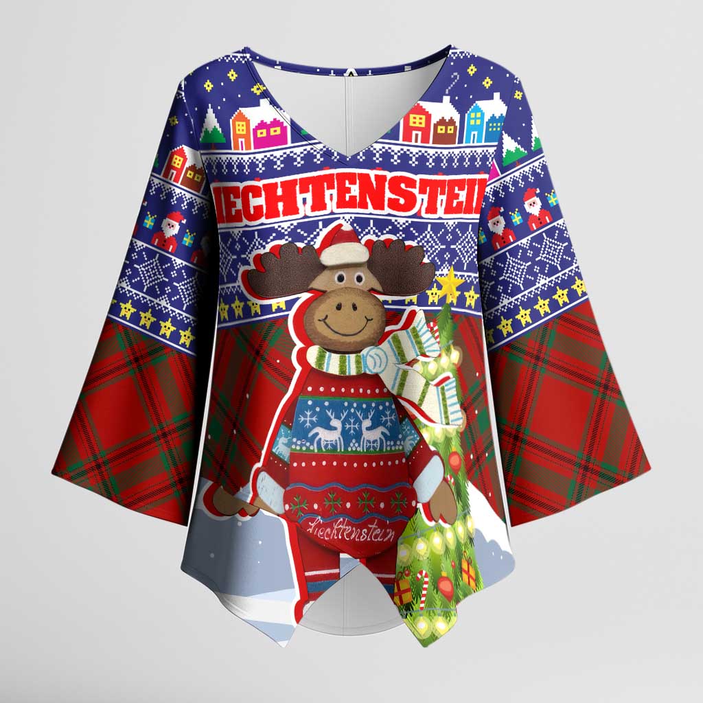 Liechtenstein Christmas Kimono Sleeve Blouse with Reindeer Character Holiday Village and Plaid Sleeves - Wonder Print Shop