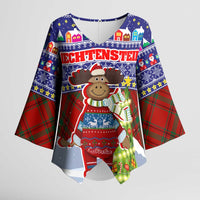 Liechtenstein Christmas Kimono Sleeve Blouse with Reindeer Character Holiday Village and Plaid Sleeves - Wonder Print Shop