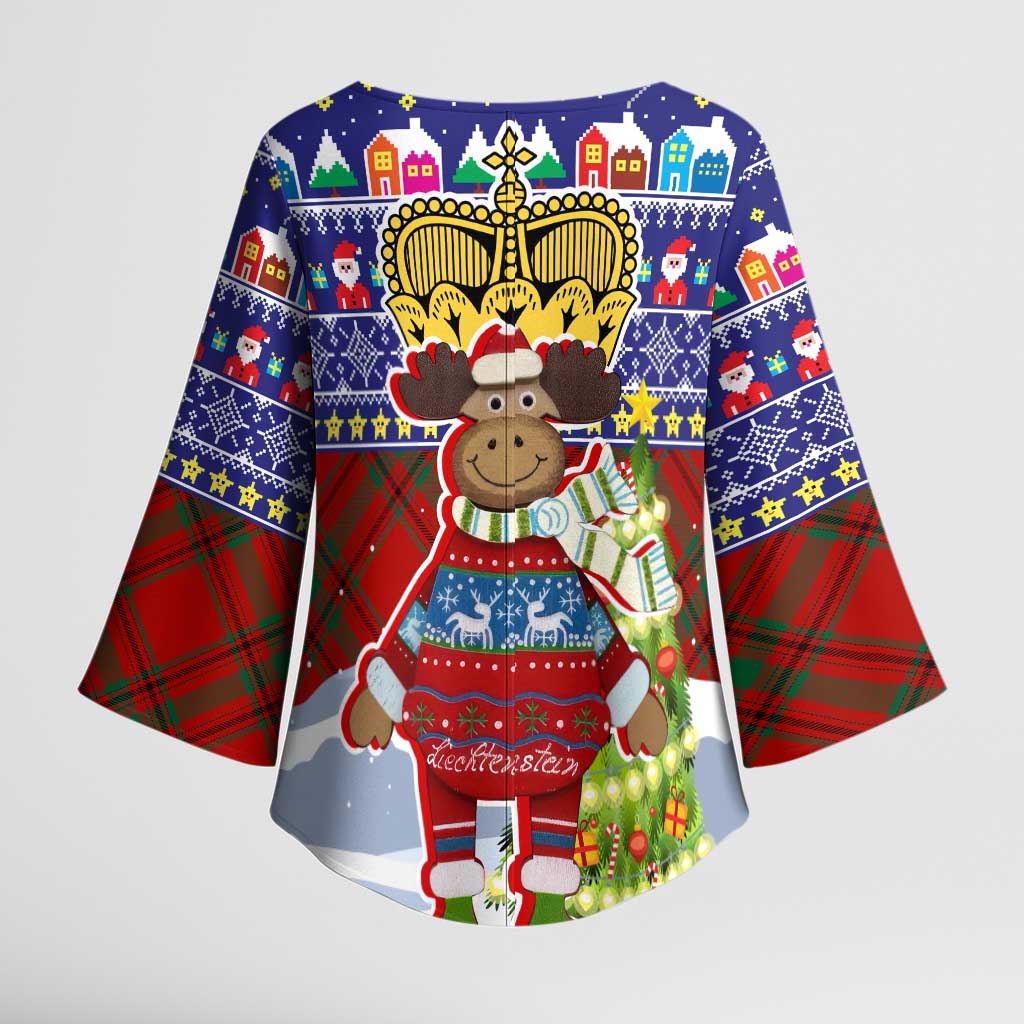 Liechtenstein Christmas Kimono Sleeve Blouse with Reindeer Character Holiday Village and Plaid Sleeves - Wonder Print Shop