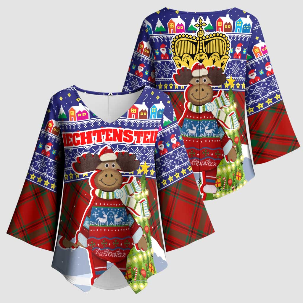 Liechtenstein Christmas Kimono Sleeve Blouse with Reindeer Character Holiday Village and Plaid Sleeves - Wonder Print Shop