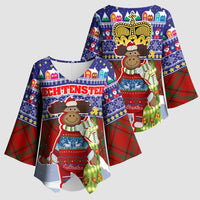 Liechtenstein Christmas Kimono Sleeve Blouse with Reindeer Character Holiday Village and Plaid Sleeves - Wonder Print Shop