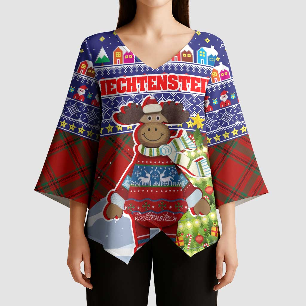 Liechtenstein Christmas Kimono Sleeve Blouse with Reindeer Character Holiday Village and Plaid Sleeves - Wonder Print Shop