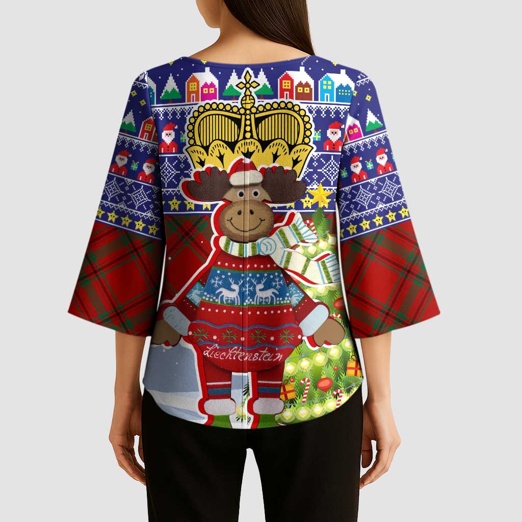 Liechtenstein Christmas Kimono Sleeve Blouse with Reindeer Character Holiday Village and Plaid Sleeves - Wonder Print Shop