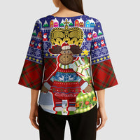 Liechtenstein Christmas Kimono Sleeve Blouse with Reindeer Character Holiday Village and Plaid Sleeves - Wonder Print Shop