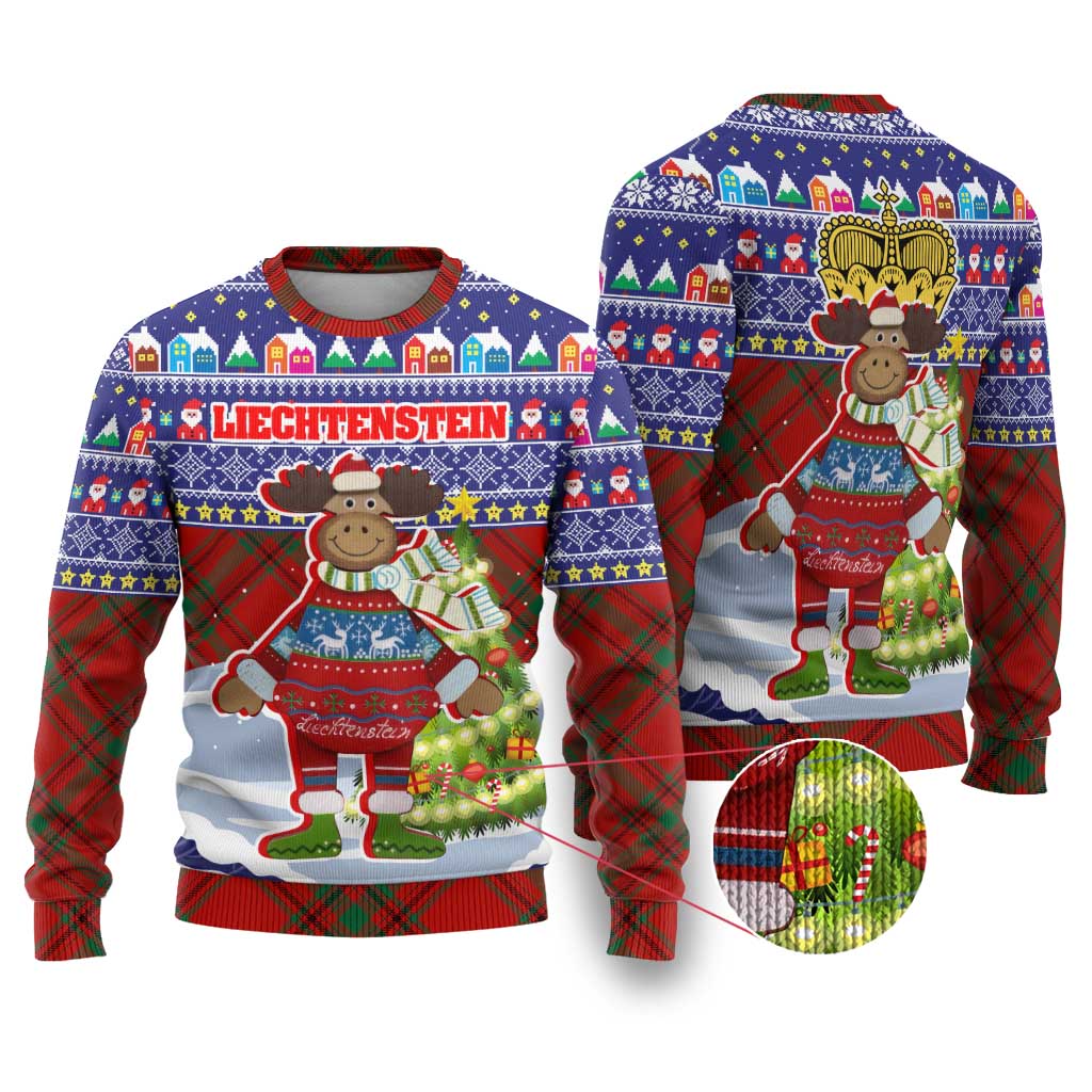 Liechtenstein Christmas Ugly Christmas Sweater with Reindeer Character Holiday Village and Plaid Sleeves - Wonder Print Shop