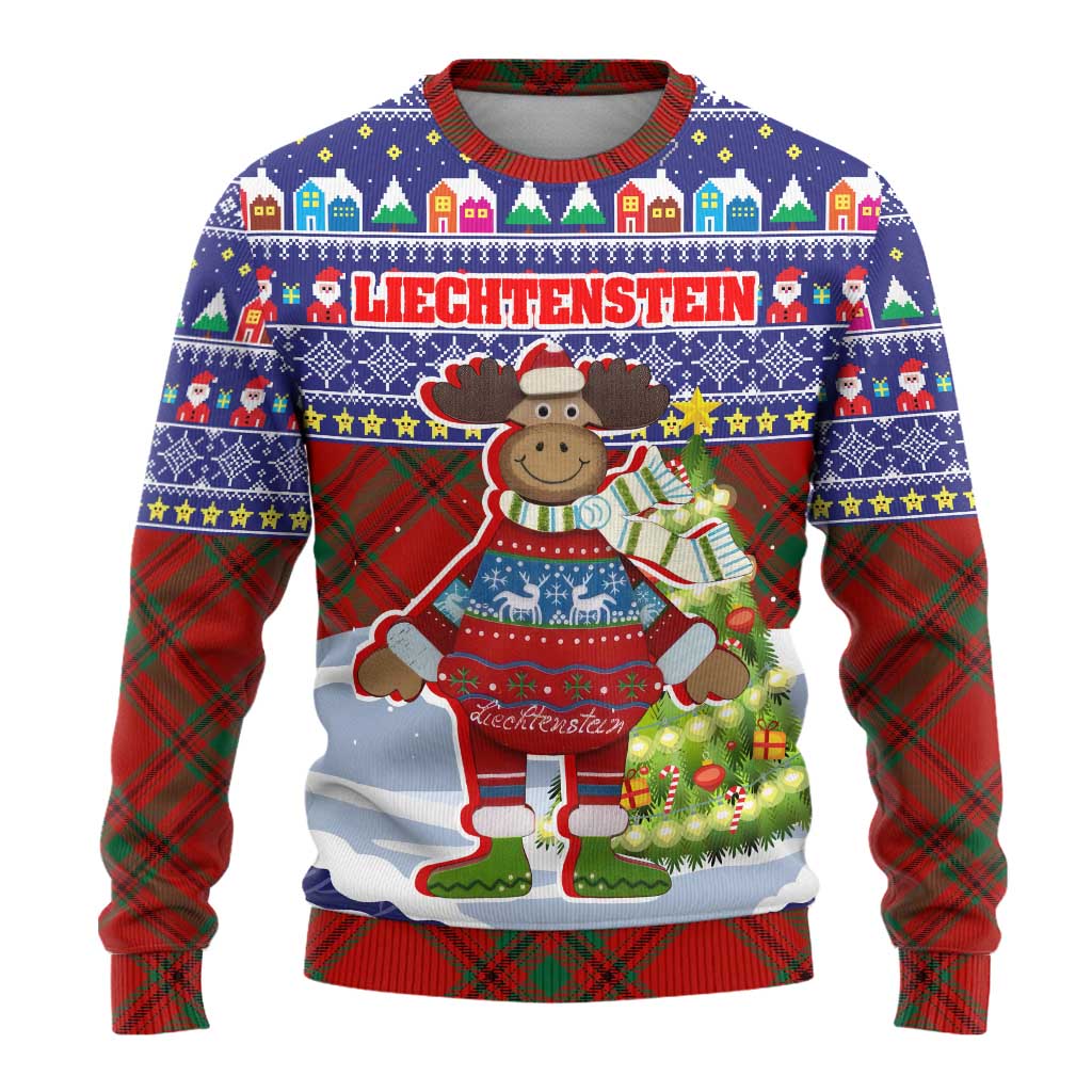 Liechtenstein Christmas Ugly Christmas Sweater with Reindeer Character Holiday Village and Plaid Sleeves - Wonder Print Shop