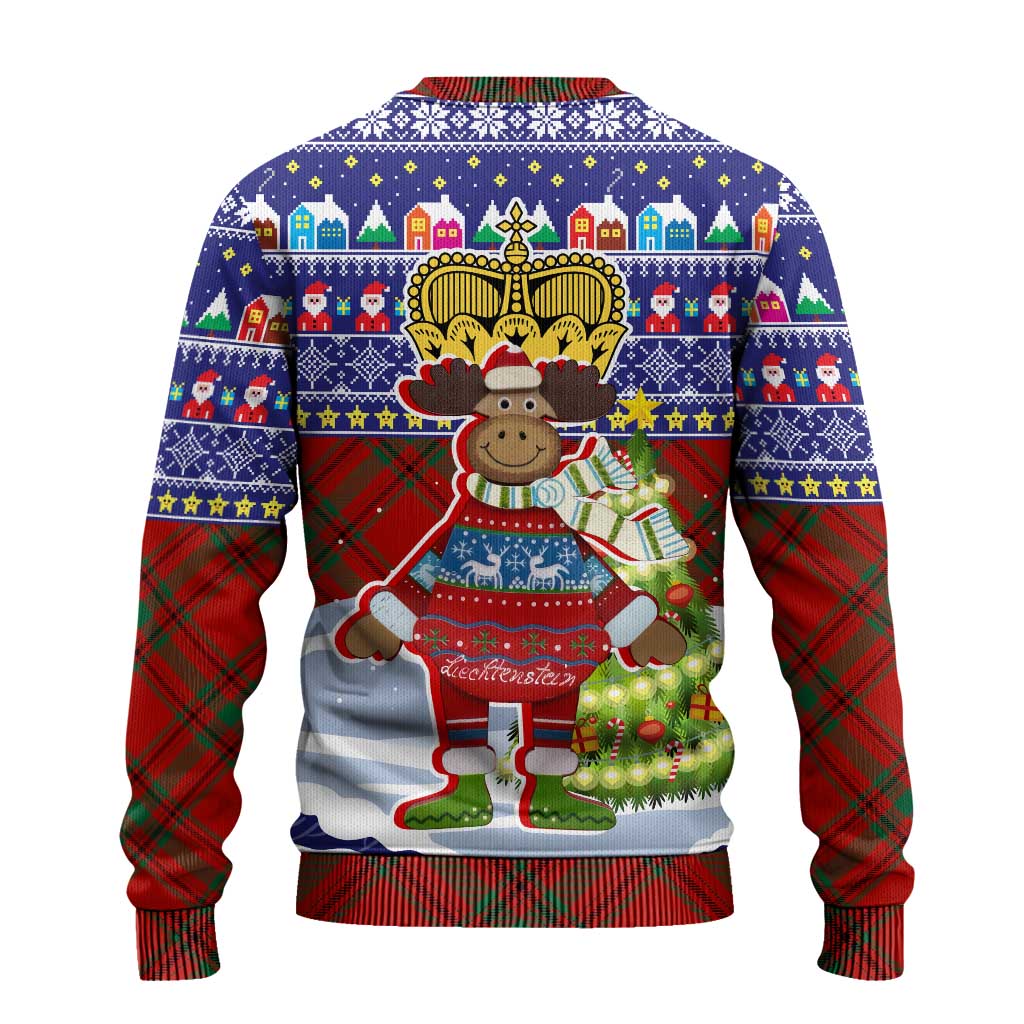 Liechtenstein Christmas Ugly Christmas Sweater with Reindeer Character Holiday Village and Plaid Sleeves - Wonder Print Shop