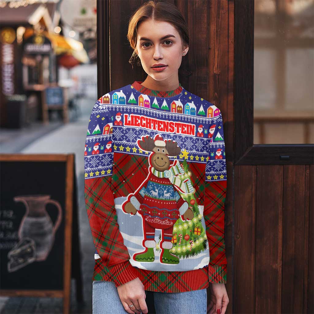 Liechtenstein Christmas Ugly Christmas Sweater with Reindeer Character Holiday Village and Plaid Sleeves - Wonder Print Shop