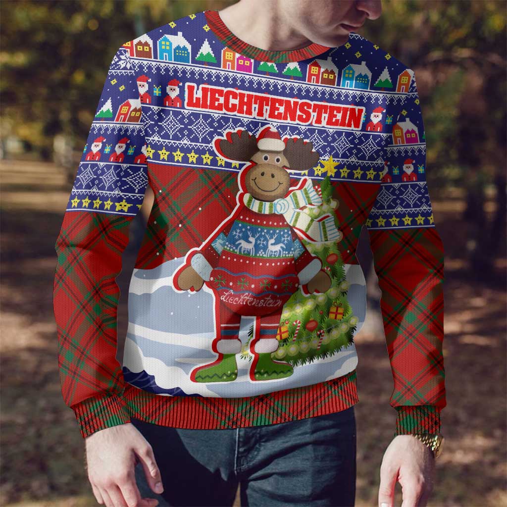 Liechtenstein Christmas Ugly Christmas Sweater with Reindeer Character Holiday Village and Plaid Sleeves - Wonder Print Shop