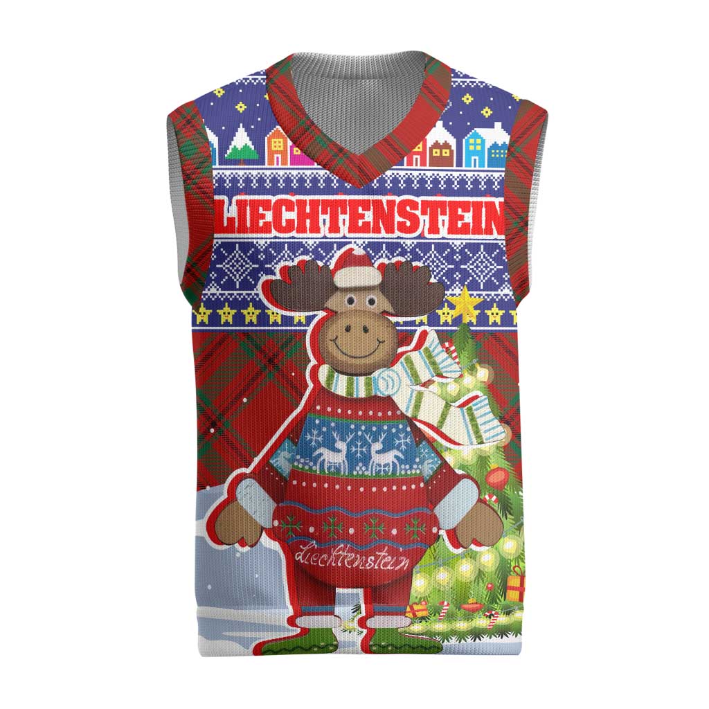 Liechtenstein Christmas Knitted V-Neck Vest with Reindeer Character Holiday Village and Plaid Sleeves - Wonder Print Shop