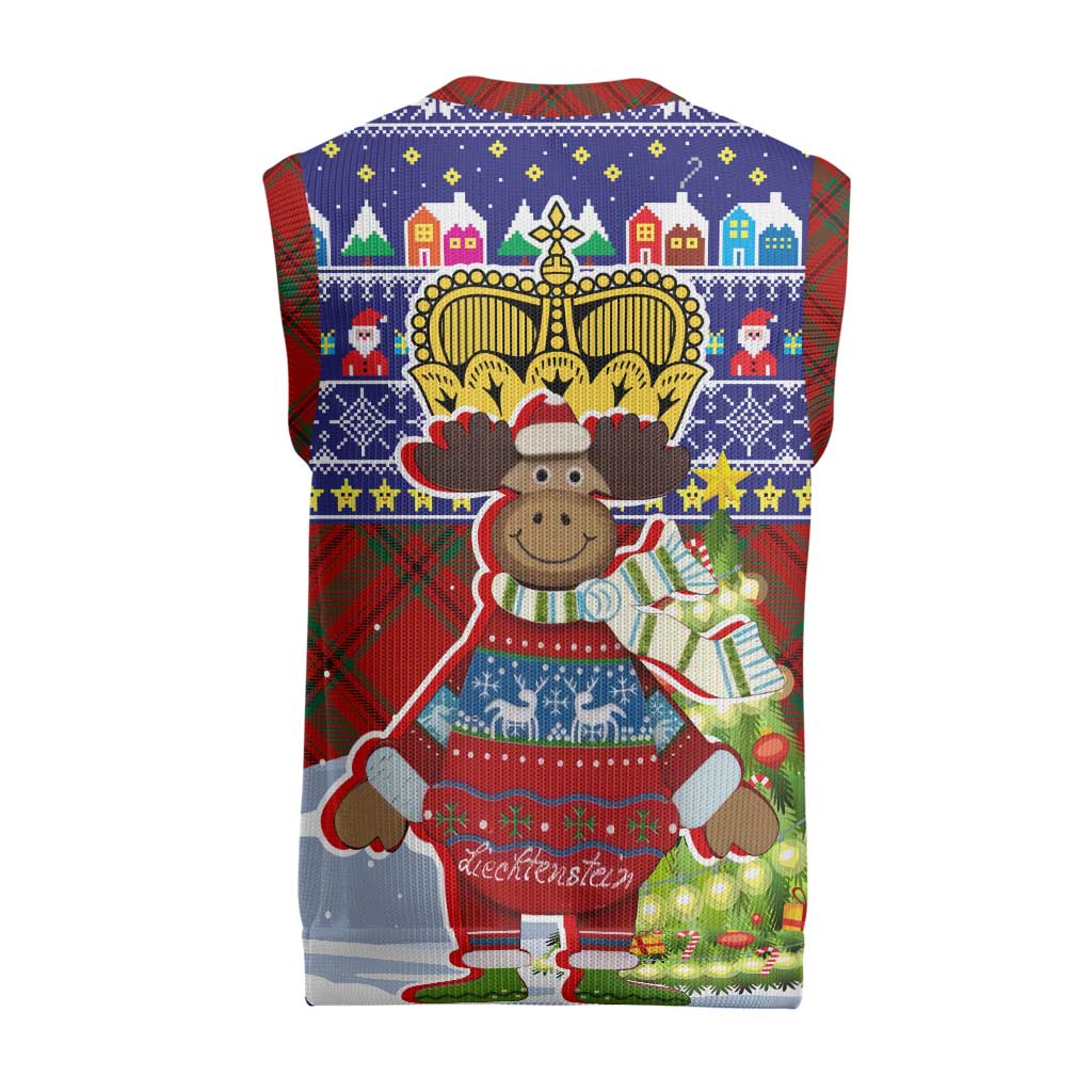 Liechtenstein Christmas Knitted V-Neck Vest with Reindeer Character Holiday Village and Plaid Sleeves - Wonder Print Shop