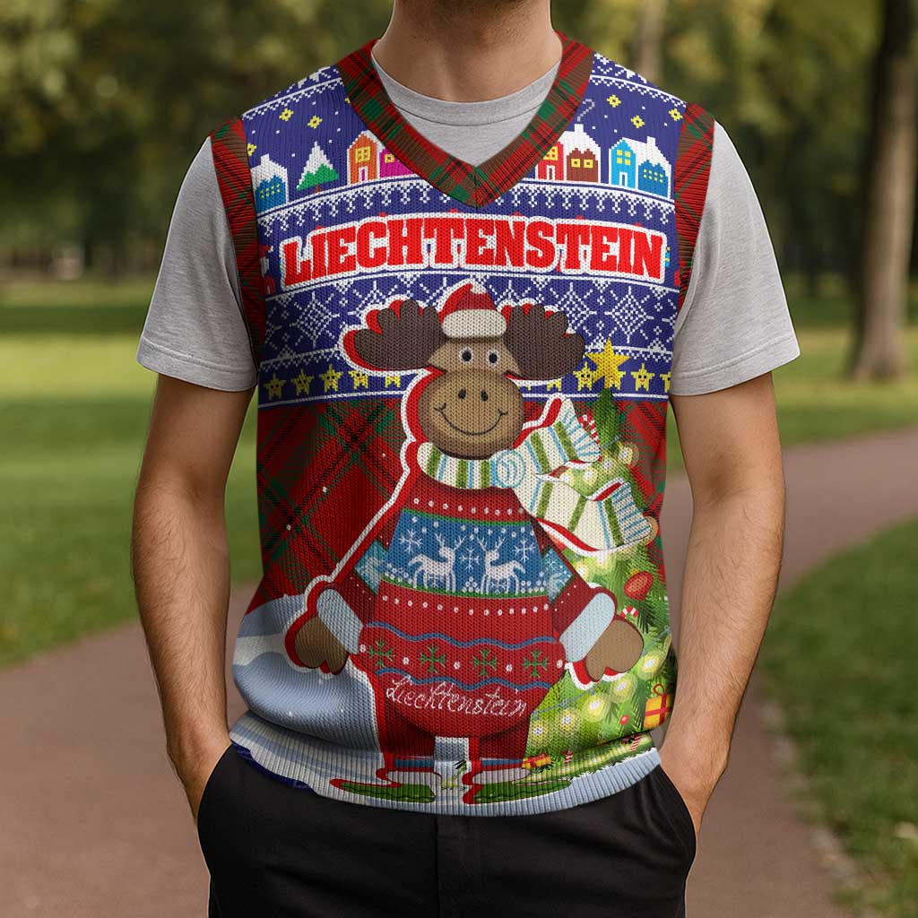 Liechtenstein Christmas Knitted V-Neck Vest with Reindeer Character Holiday Village and Plaid Sleeves - Wonder Print Shop
