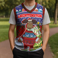 Liechtenstein Christmas Knitted V-Neck Vest with Reindeer Character Holiday Village and Plaid Sleeves - Wonder Print Shop