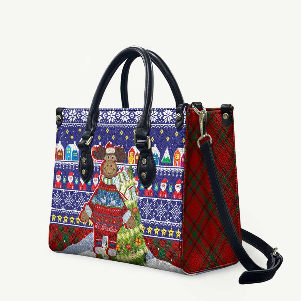 Liechtenstein Christmas Leather Bag with Reindeer Character Holiday Village and Plaid Sleeves - Wonder Print Shop