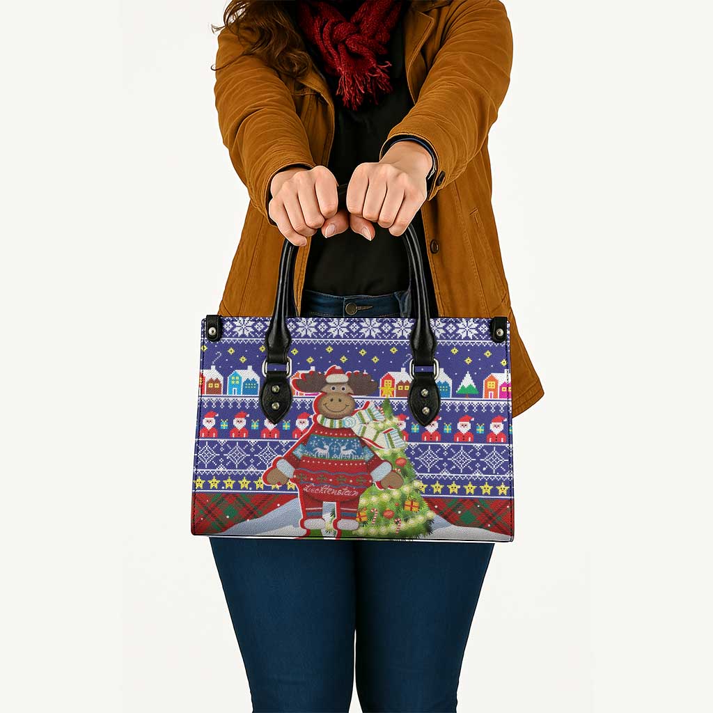 Liechtenstein Christmas Leather Bag with Reindeer Character Holiday Village and Plaid Sleeves - Wonder Print Shop