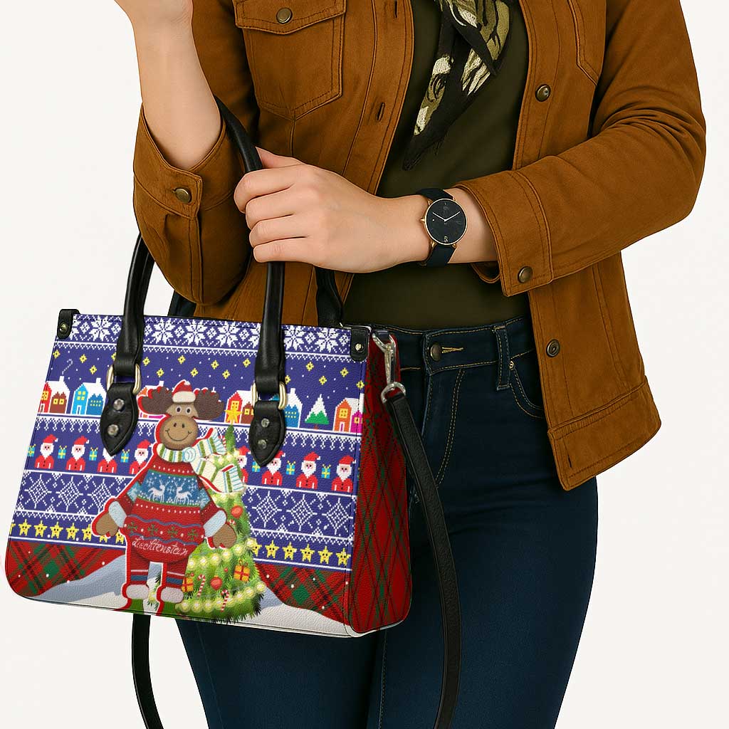 Liechtenstein Christmas Leather Bag with Reindeer Character Holiday Village and Plaid Sleeves - Wonder Print Shop