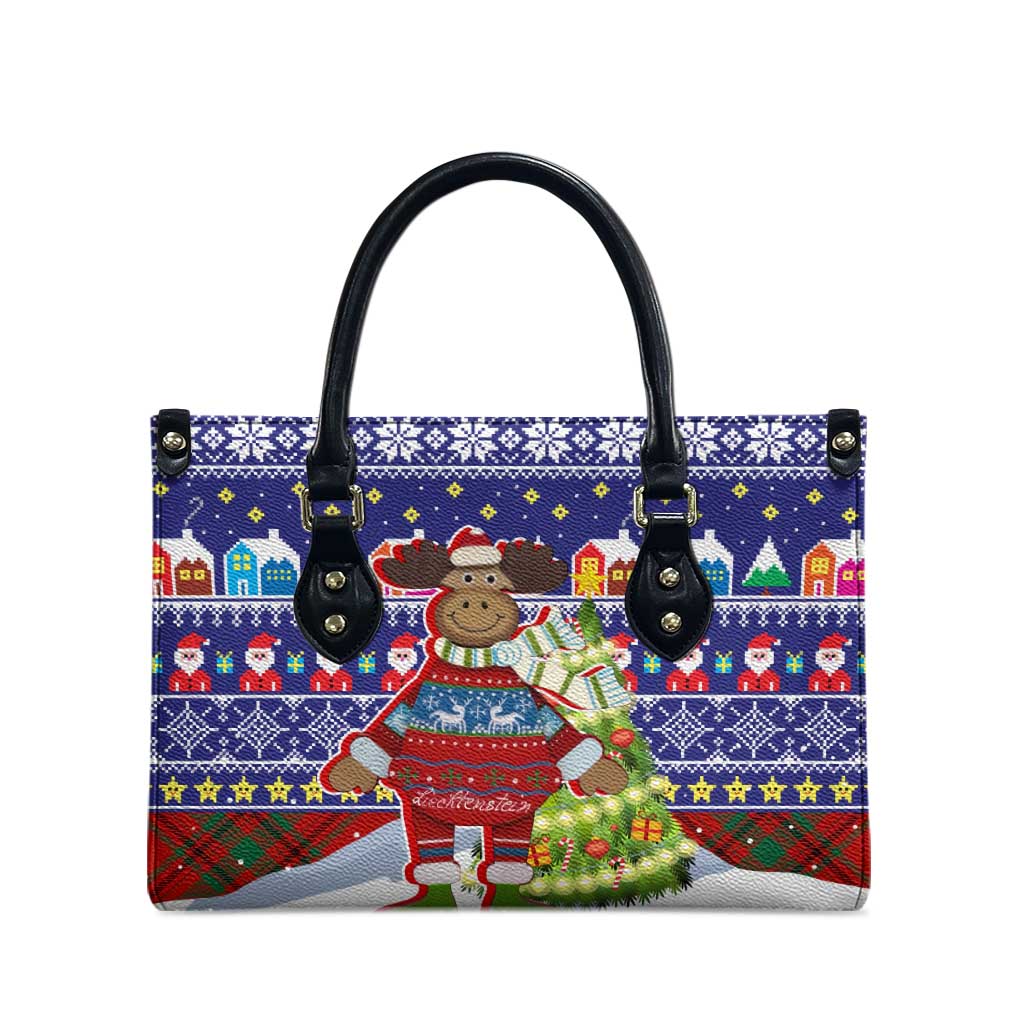 Liechtenstein Christmas Leather Bag with Reindeer Character Holiday Village and Plaid Sleeves - Wonder Print Shop