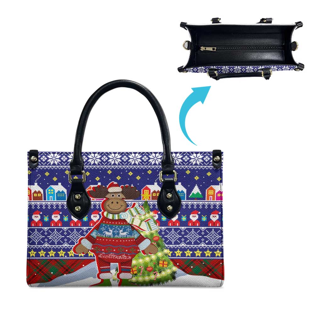Liechtenstein Christmas Leather Bag with Reindeer Character Holiday Village and Plaid Sleeves - Wonder Print Shop