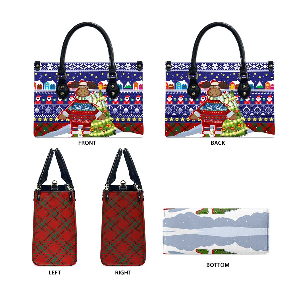Liechtenstein Christmas Leather Bag with Reindeer Character Holiday Village and Plaid Sleeves - Wonder Print Shop