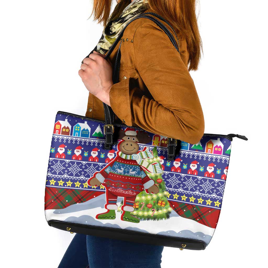 Liechtenstein Christmas Leather Tote Bag with Reindeer Character Holiday Village and Plaid Sleeves - Wonder Print Shop