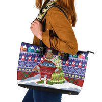 Liechtenstein Christmas Leather Tote Bag with Reindeer Character Holiday Village and Plaid Sleeves - Wonder Print Shop