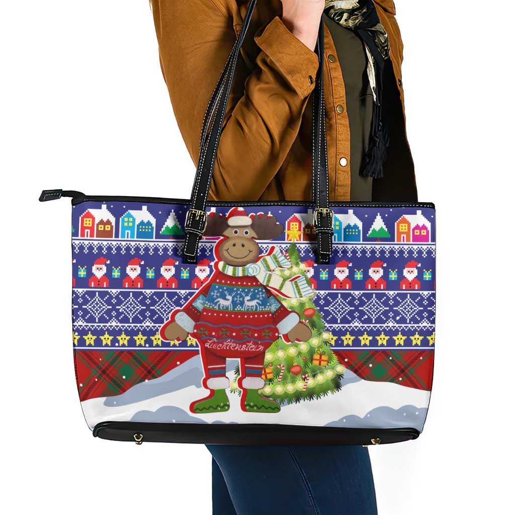 Liechtenstein Christmas Leather Tote Bag with Reindeer Character Holiday Village and Plaid Sleeves - Wonder Print Shop
