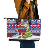 Liechtenstein Christmas Leather Tote Bag with Reindeer Character Holiday Village and Plaid Sleeves - Wonder Print Shop