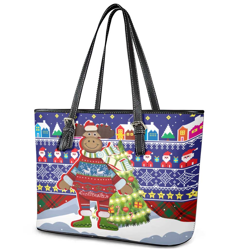 Liechtenstein Christmas Leather Tote Bag with Reindeer Character Holiday Village and Plaid Sleeves - Wonder Print Shop