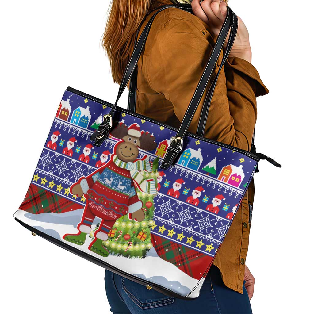 Liechtenstein Christmas Leather Tote Bag with Reindeer Character Holiday Village and Plaid Sleeves - Wonder Print Shop