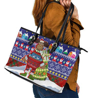 Liechtenstein Christmas Leather Tote Bag with Reindeer Character Holiday Village and Plaid Sleeves - Wonder Print Shop