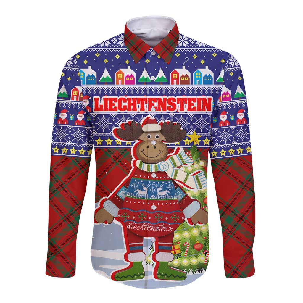 Liechtenstein Christmas Long Sleeve Button Shirt with Reindeer Character Holiday Village and Plaid Sleeves - Wonder Print Shop