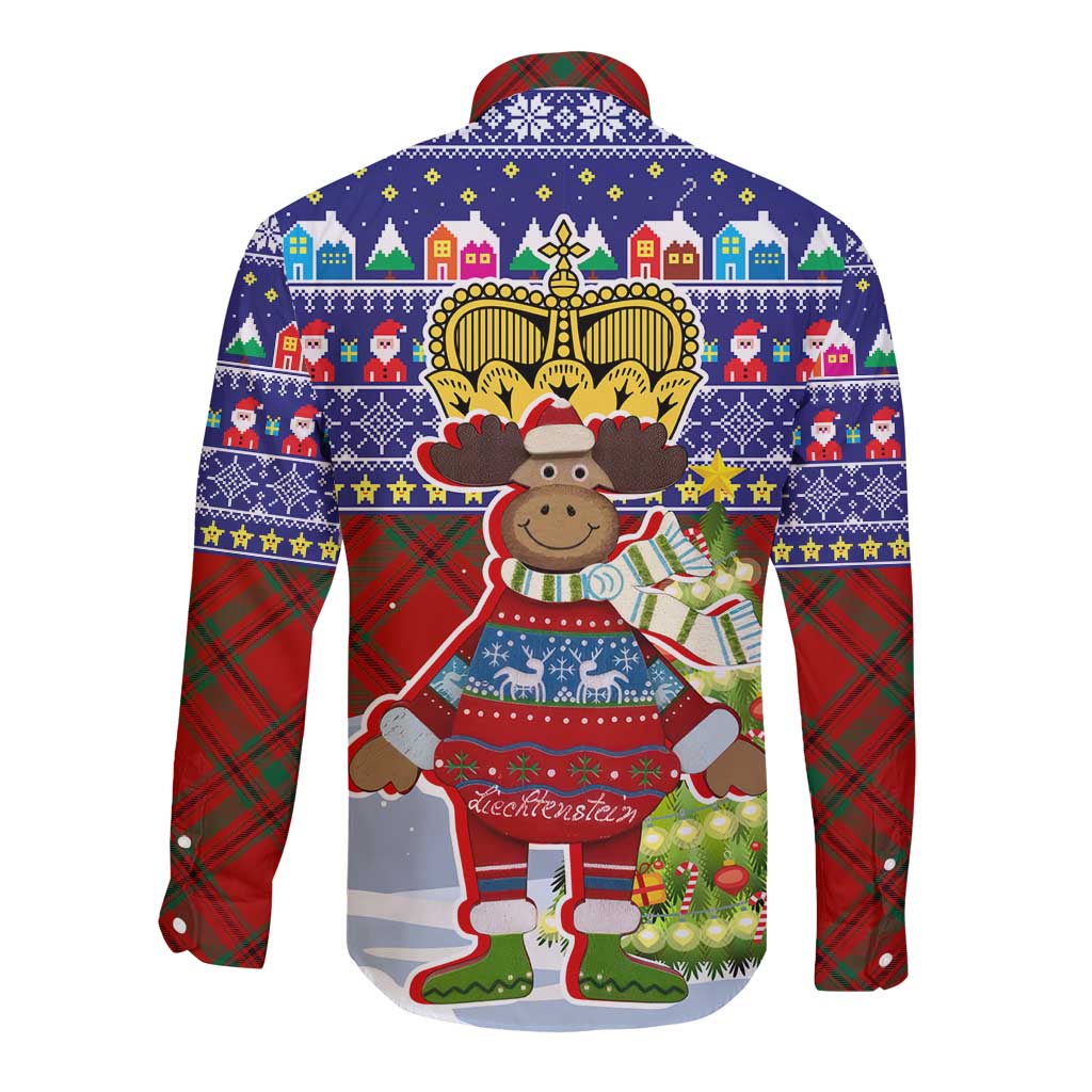 Liechtenstein Christmas Long Sleeve Button Shirt with Reindeer Character Holiday Village and Plaid Sleeves - Wonder Print Shop